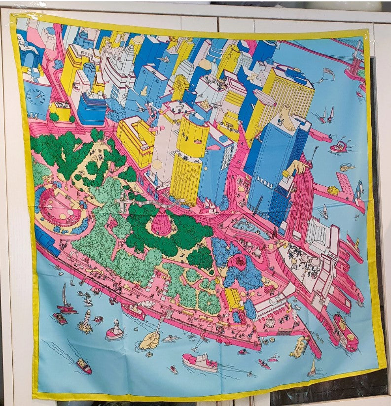 100% Silk Scarf, Matt Silk, City Map, Large, Hijab, 35 inches, 89cm,Bright, Bold, colourful,