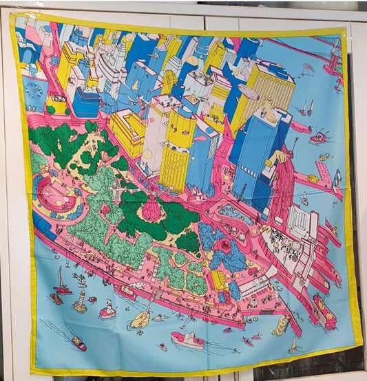 100% Silk Scarf, Matt Silk, City Map, Large, Hijab, 35 inches, 89cm,Bright, Bold, colourful,