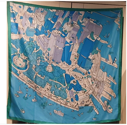 100% Silk Scarf, Matt Silk, City Map, Large, Hijab, 35 inches, 89cm,Bright, Bold, colourful, Blue