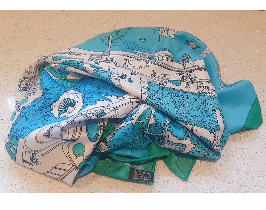100% Silk Scarf, Matt Silk, City Map, Large, Hijab, 35 inches, 89cm,Bright, Bold, colourful, Blue