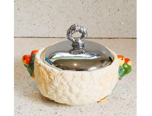 1930s, Original, Clarice Cliff, Celtic Harvest, preserve pot, Sugar Bowl, circa 1936 relief moulded with corn, Very Good Condition, Signed