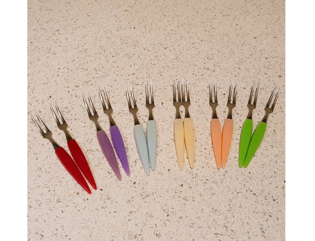 1960s, Pickle Forks, Boxed, 12 Little Forks, Coloured, Plastic Handles, Cocktail Forks. Party Forks, mini forks,  Cutlery