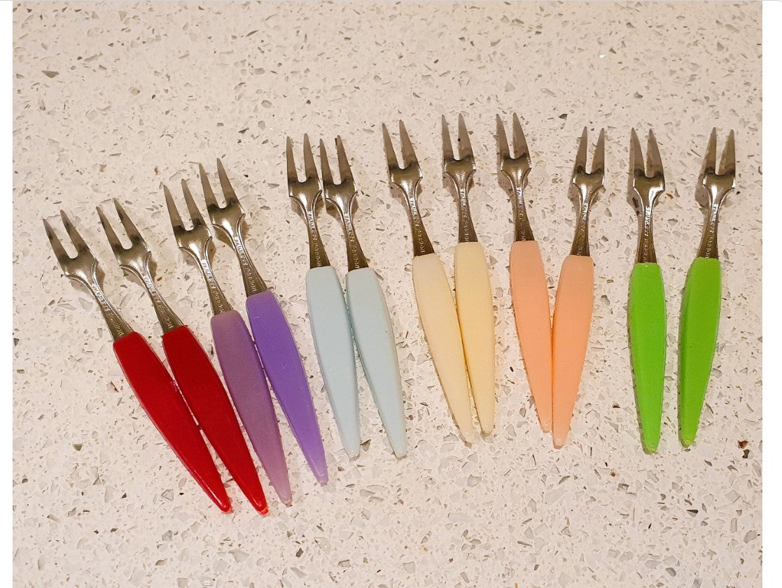 1960s, Pickle Forks, Boxed, 12 Little Forks, Coloured, Plastic Handles, Cocktail Forks. Party Forks, mini forks,  Cutlery