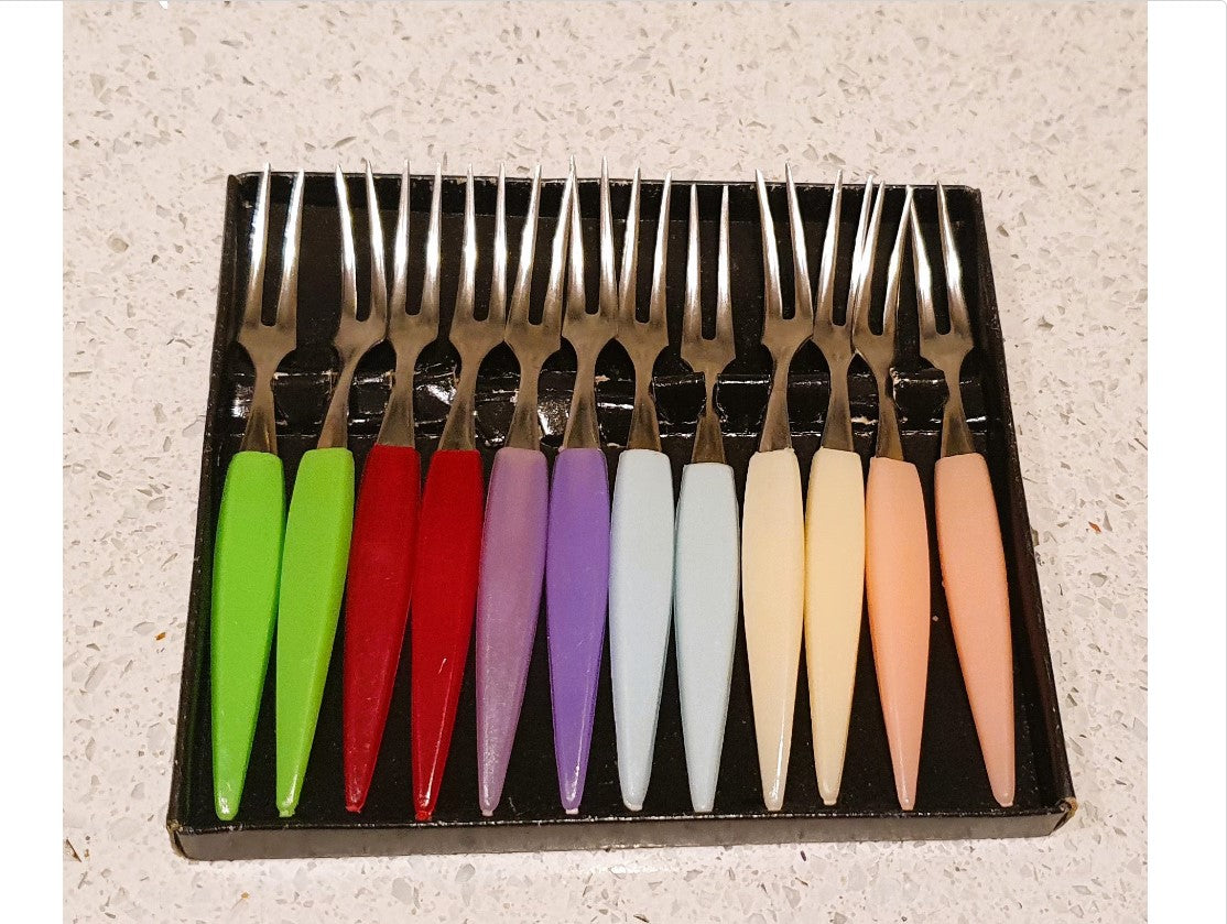 1960s, Pickle Forks, Boxed, 12 Little Forks, Coloured, Plastic Handles, Cocktail Forks. Party Forks, mini forks,  Cutlery