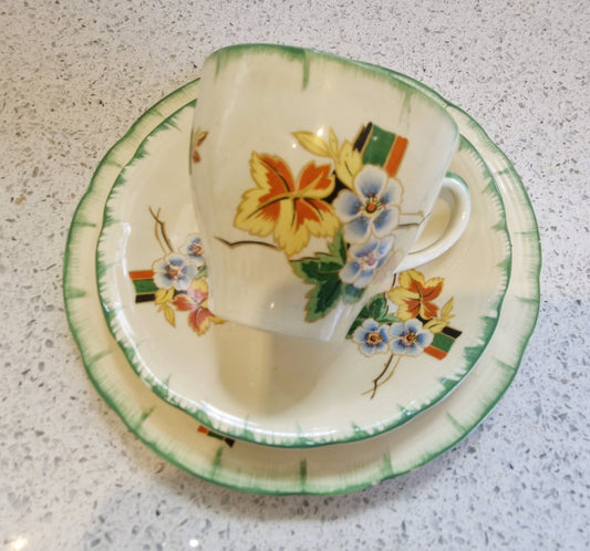 Art Deco Hand Painted Tea Cup trio, Art Deco Hand Painted Tea Cup, Alfred Clough Tea Cup, Clough, St Louis Works, Tea Cup, Made in England