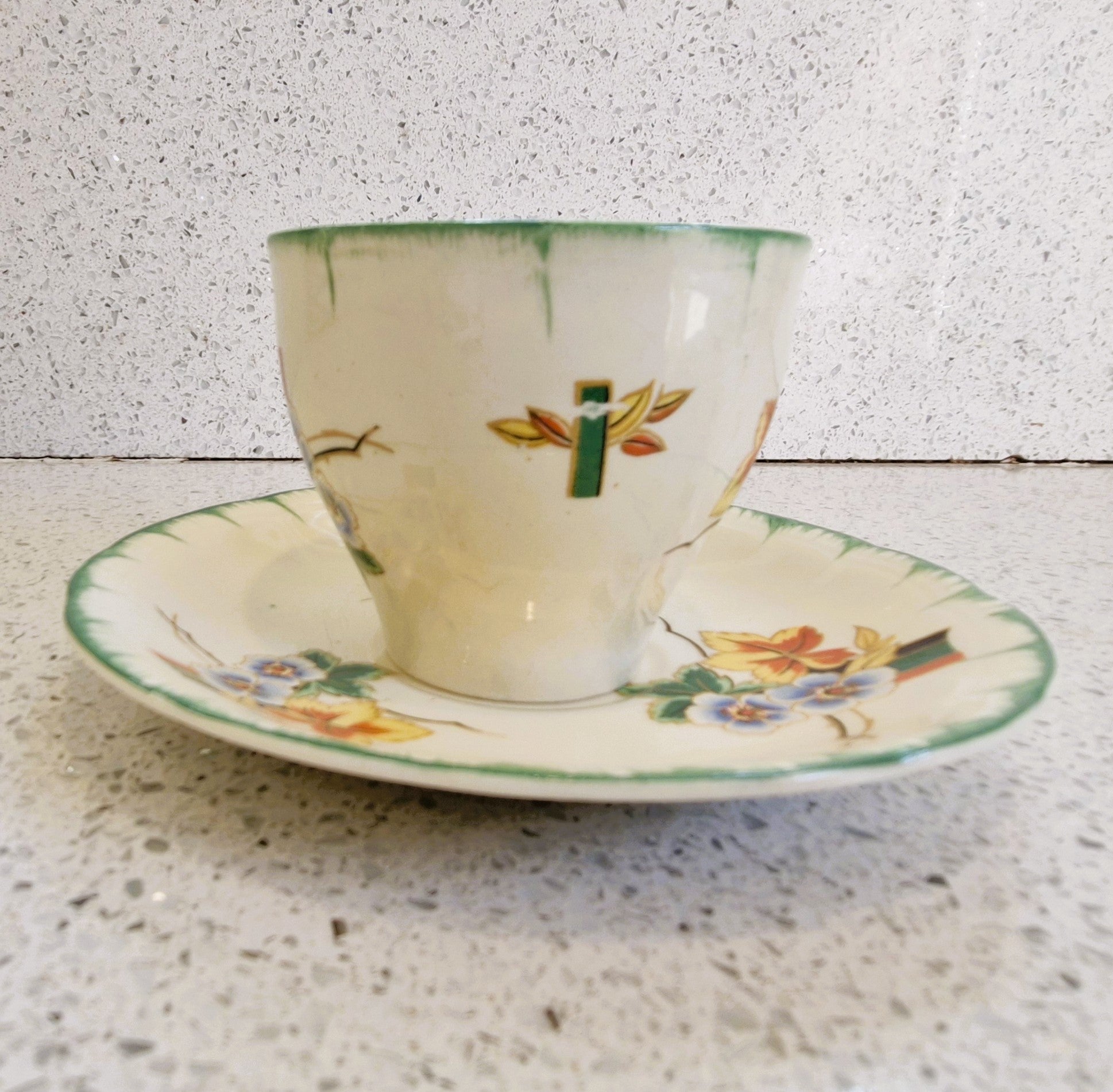 Art Deco Hand Painted Tea Cup trio, Art Deco Hand Painted Tea Cup, Alfred Clough Tea Cup, Clough, St Louis Works, Tea Cup, Made in England