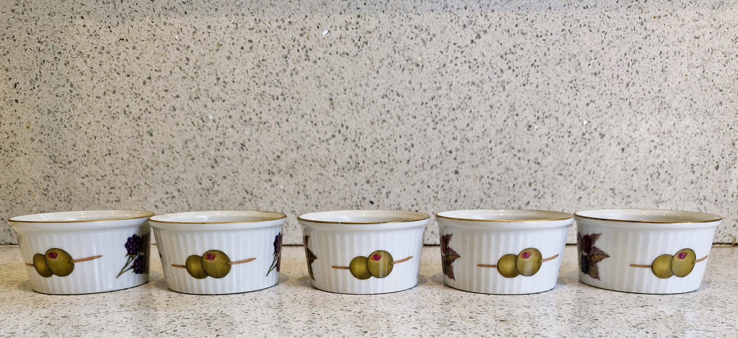 Royal Worcester Ramekins, Evesham, Gold, Berries, Olives, Gilt edged, Oven to table, Set of 5