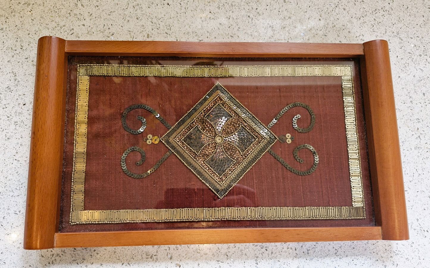 Small Wooden Tea Tray, Decorative, Glass Top, Embroidered, 8 x 14 Inches, Wooden Tray
