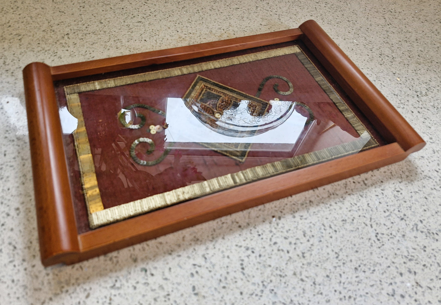Small Wooden Tea Tray, Decorative, Glass Top, Embroidered, 8 x 14 Inches, Wooden Tray