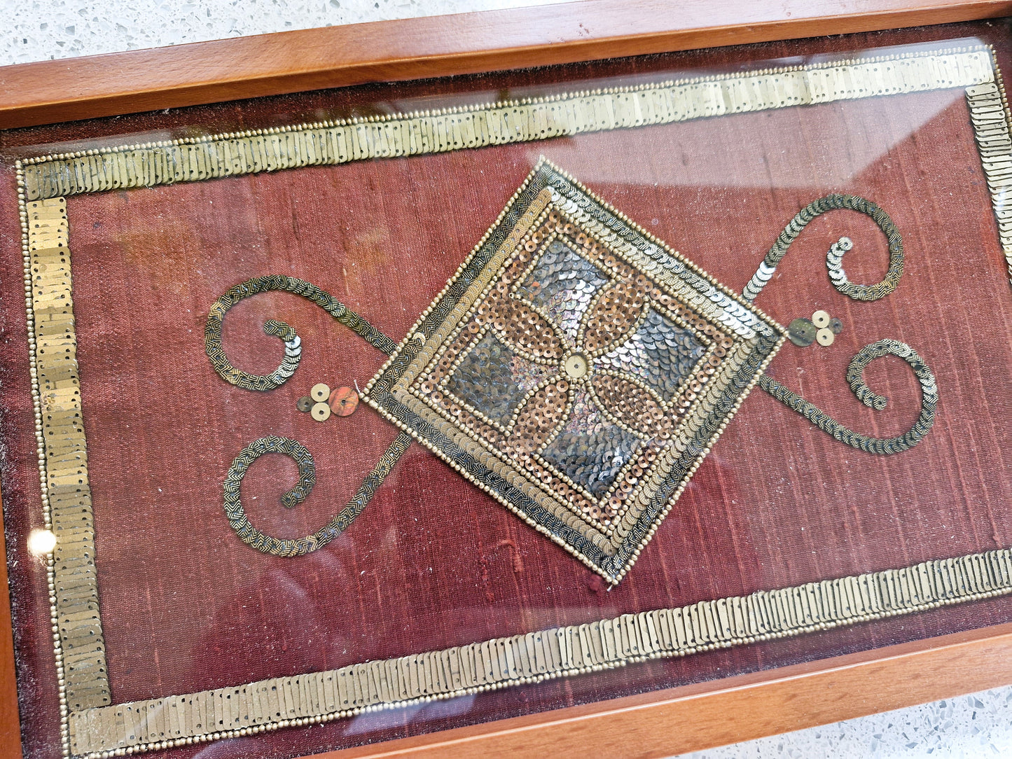 Small Wooden Tea Tray, Decorative, Glass Top, Embroidered, 8 x 14 Inches, Wooden Tray