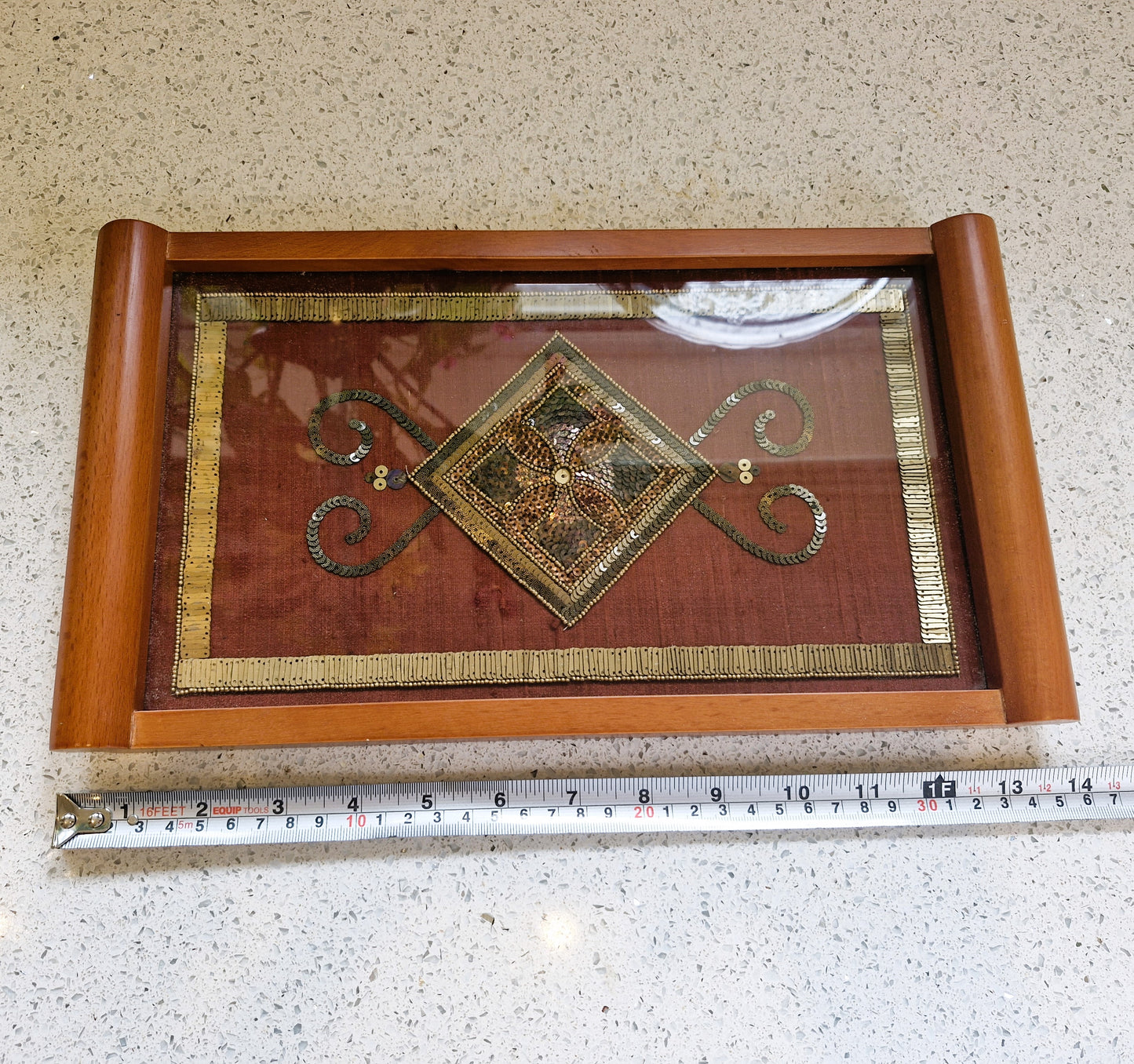 Small Wooden Tea Tray, Decorative, Glass Top, Embroidered, 8 x 14 Inches, Wooden Tray