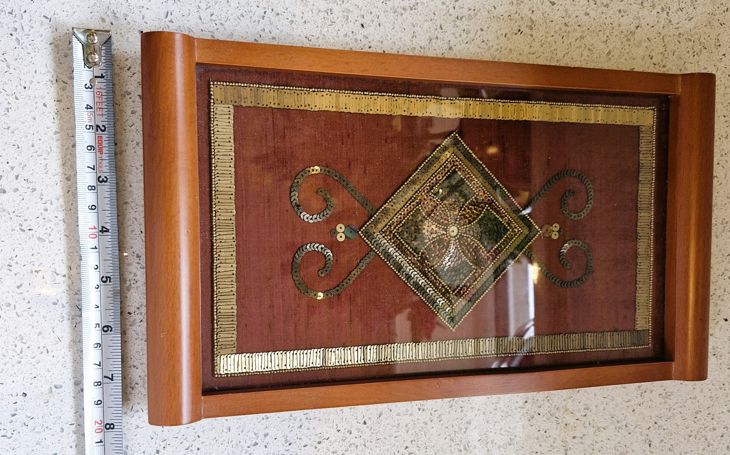 Small Wooden Tea Tray, Decorative, Glass Top, Embroidered, 8 x 14 Inches, Wooden Tray