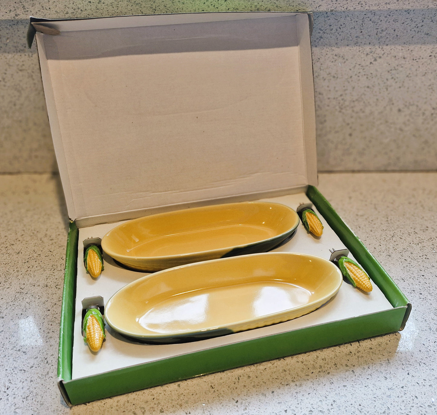 Corn on the Cob dishes, Majolica, Sagaform Sweetcorn dishes, Ceramic, Yellow and Green, Quirky, Boxed, Original, With Sweetcorn Forks