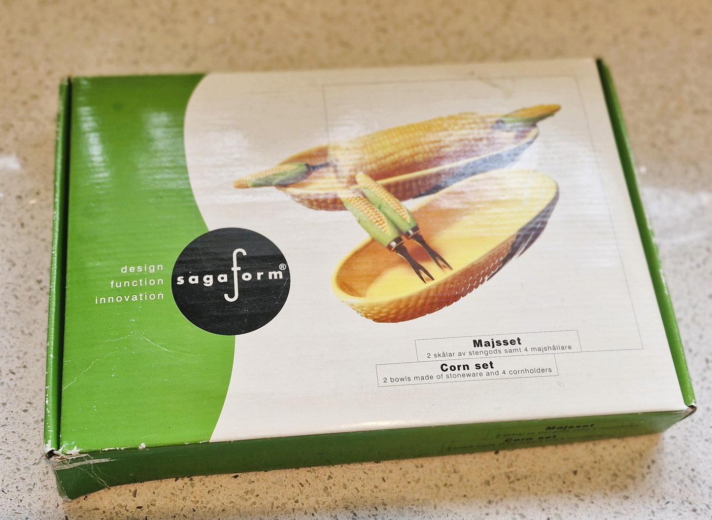 Corn on the Cob dishes, Majolica, Sagaform Sweetcorn dishes, Ceramic, Yellow and Green, Quirky, Boxed, Original, With Sweetcorn Forks