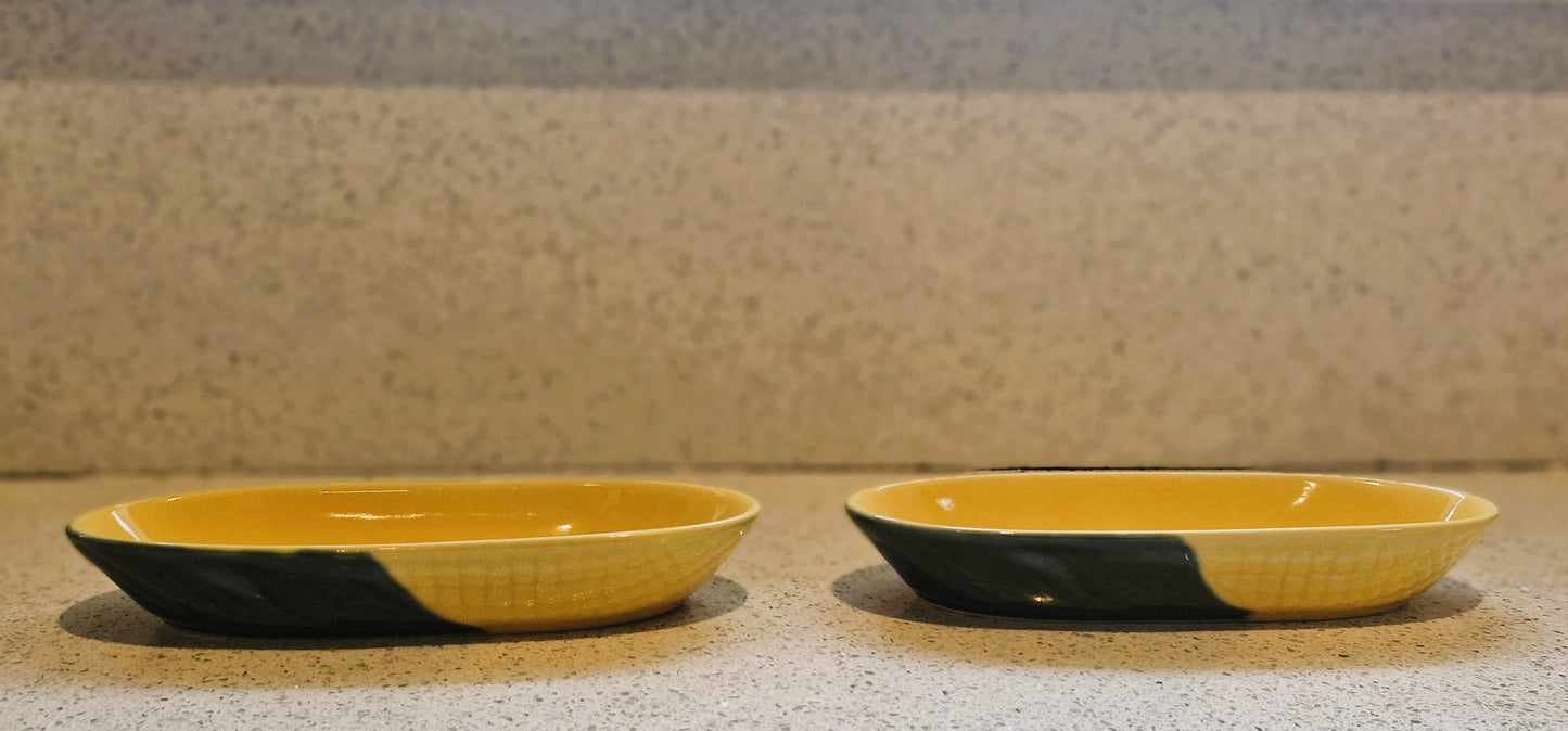 Corn on the Cob dishes, Majolica, Sagaform Sweetcorn dishes, Ceramic, Yellow and Green, Quirky, Boxed, Original, With Sweetcorn Forks