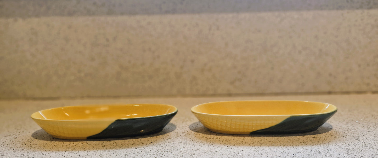 Corn on the Cob dishes, Majolica, Sagaform Sweetcorn dishes, Ceramic, Yellow and Green, Quirky, Boxed, Original, With Sweetcorn Forks