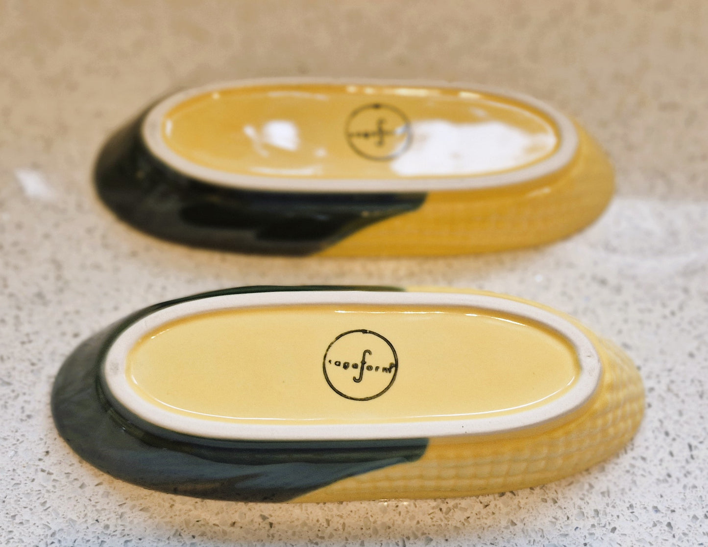 Corn on the Cob dishes, Majolica, Sagaform Sweetcorn dishes, Ceramic, Yellow and Green, Quirky, Boxed, Original, With Sweetcorn Forks