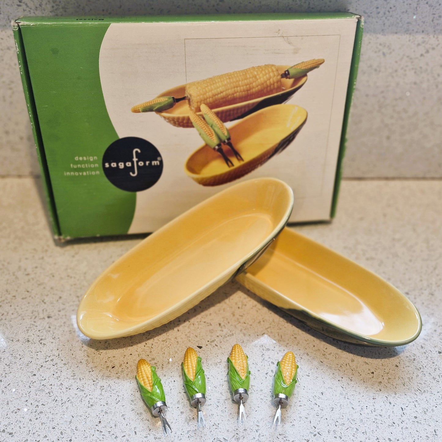 Corn on the Cob dishes, Majolica, Sagaform Sweetcorn dishes, Ceramic, Yellow and Green, Quirky, Boxed, Original, With Sweetcorn Forks