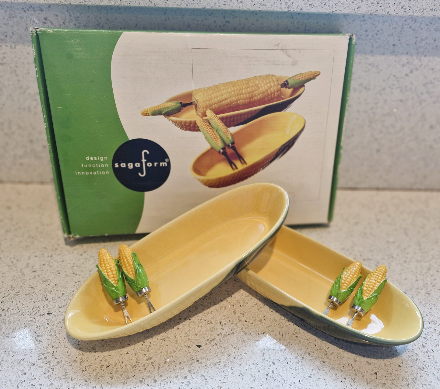 Corn on the Cob dishes, Majolica, Sagaform Sweetcorn dishes, Ceramic, Yellow and Green, Quirky, Boxed, Original, With Sweetcorn Forks