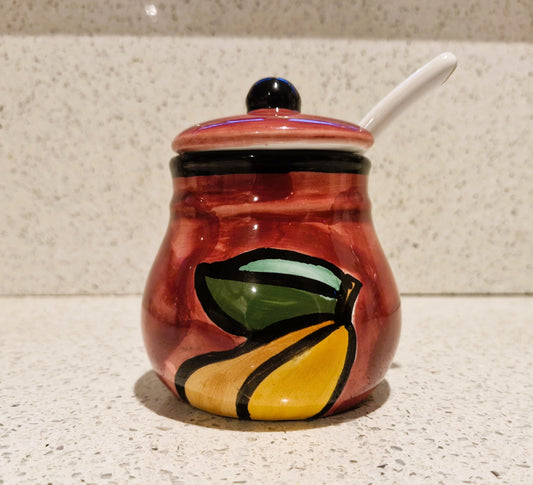 Hand Painted Jam pot, ceramic spoon, Lid, Lidded, Pears, Quirky, Kitsch, Jam, Chutney, Preserves, Fruit, ceramic, Hand Painted, Sugar Bowl