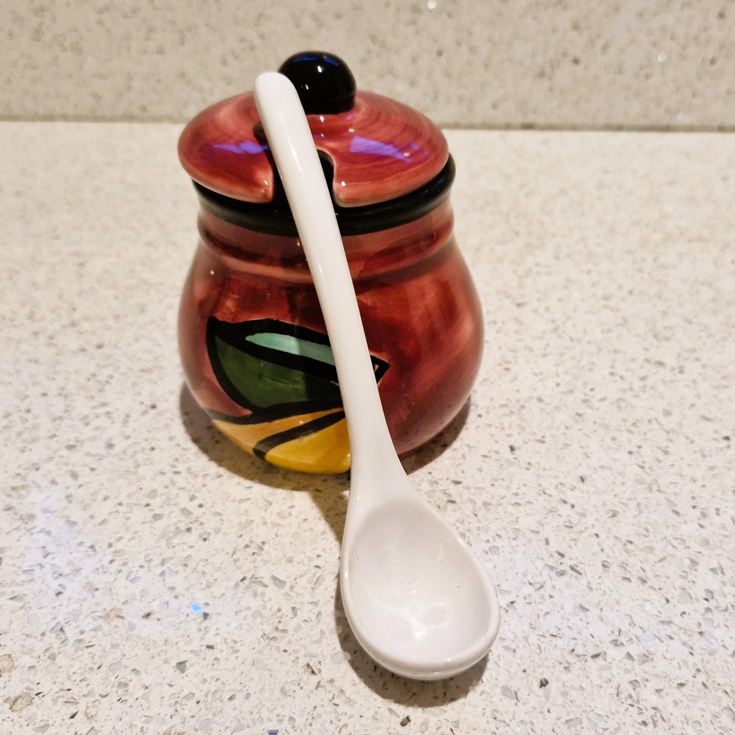 Hand Painted Jam pot, ceramic spoon, Lid, Lidded, Pears, Quirky, Kitsch, Jam, Chutney, Preserves, Fruit, ceramic, Hand Painted, Sugar Bowl