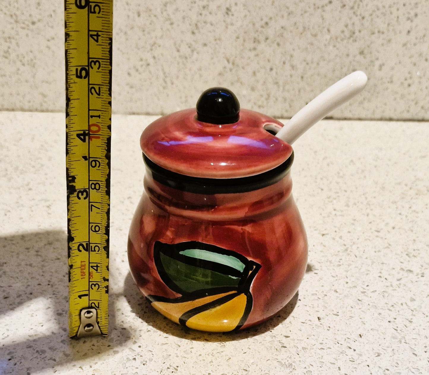 Hand Painted Jam pot, ceramic spoon, Lid, Lidded, Pears, Quirky, Kitsch, Jam, Chutney, Preserves, Fruit, ceramic, Hand Painted, Sugar Bowl
