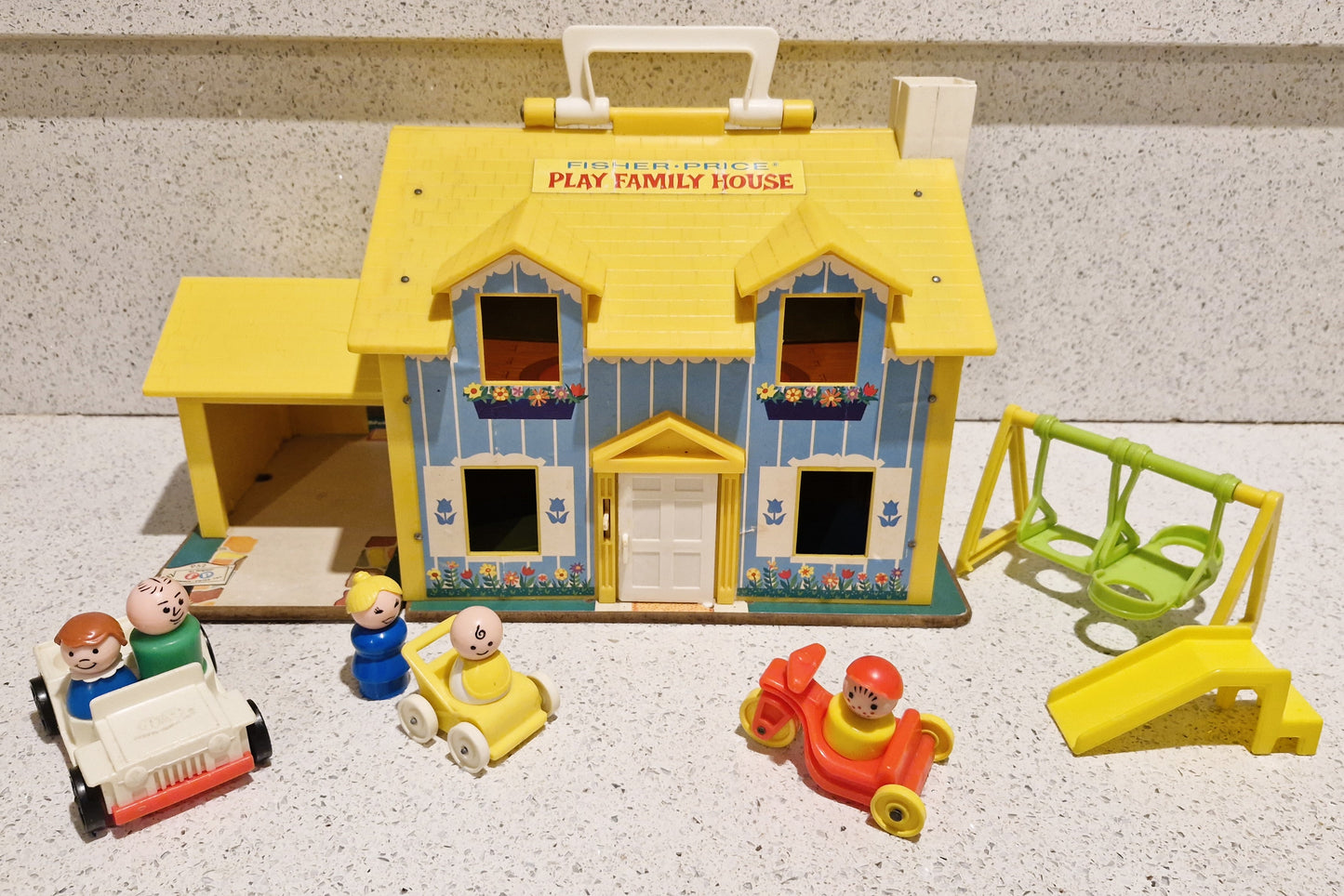 Vintage 70s Fisher Price Family House, Yellow House, Complete - Very Good condition, Lots of characters and Accessories - Inc 4 seater Car