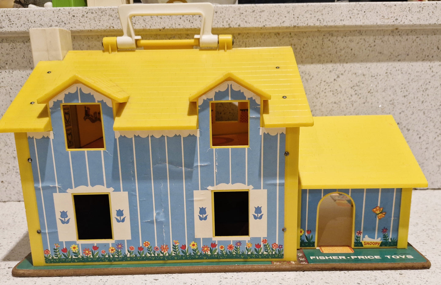 Vintage 70s Fisher Price Family House, Yellow House, Complete - Very Good condition, Lots of characters and Accessories - Inc 4 seater Car