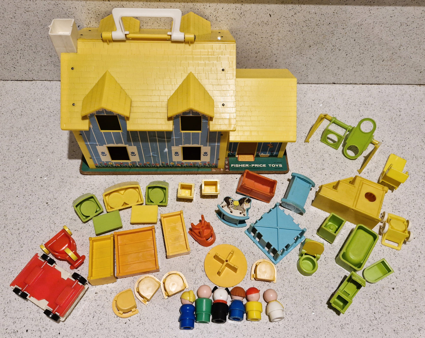 Vintage 70s Fisher Price Family House, Yellow House, Complete - Very Good condition, Lots of characters and Accessories - Inc 4 seater Car