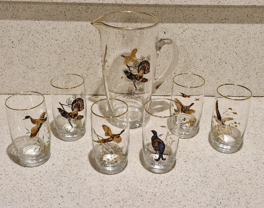 Game Shooting, Game Birds, Pheasant, Partridge, Duck, Jug, Pitcher, Decanter, Glasses, Set, RARE, Glass, Vintage, Glorious 12th, IMMACULATE