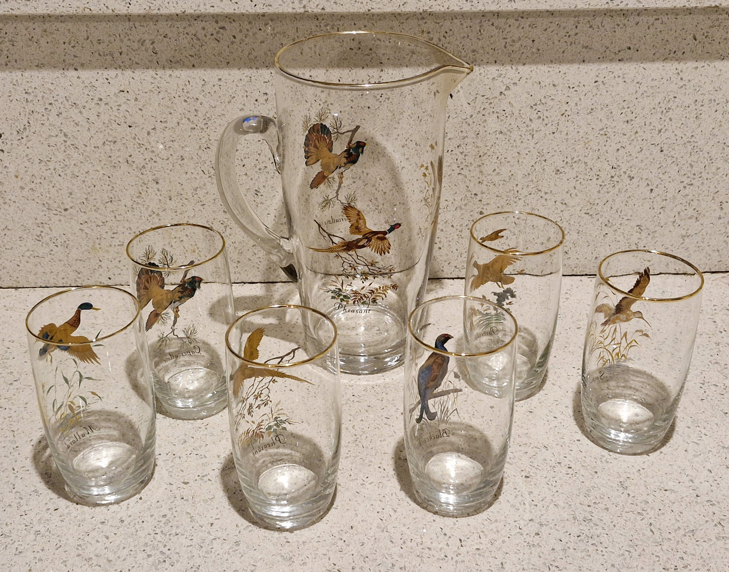 Game Shooting, Game Birds, Pheasant, Partridge, Duck, Jug, Pitcher, Decanter, Glasses, Set, RARE, Glass, Vintage, Glorious 12th, IMMACULATE