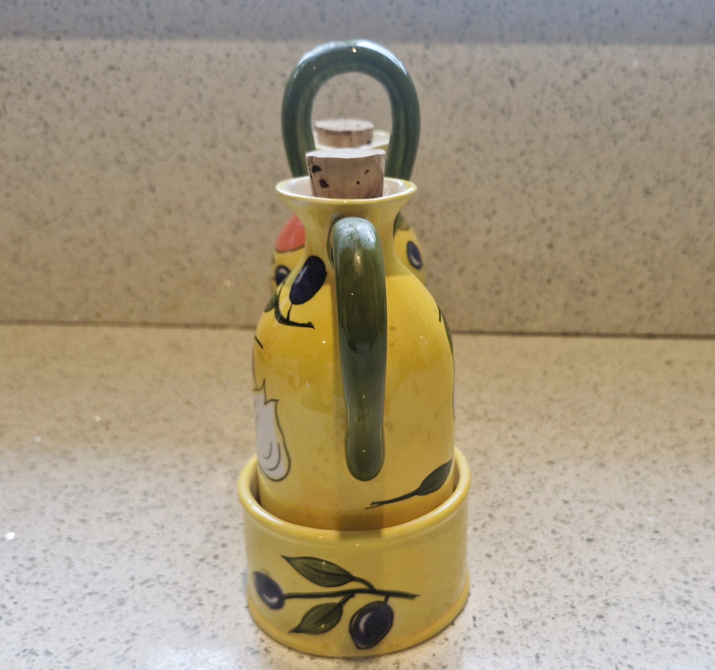 Olivio by Rayware, Vintage, Vinaigrette, Olive Oil, Vinegar, Bottles, Ceramic, Yellow, Olives, Garlic, Mediterranean, al Fresco Dining