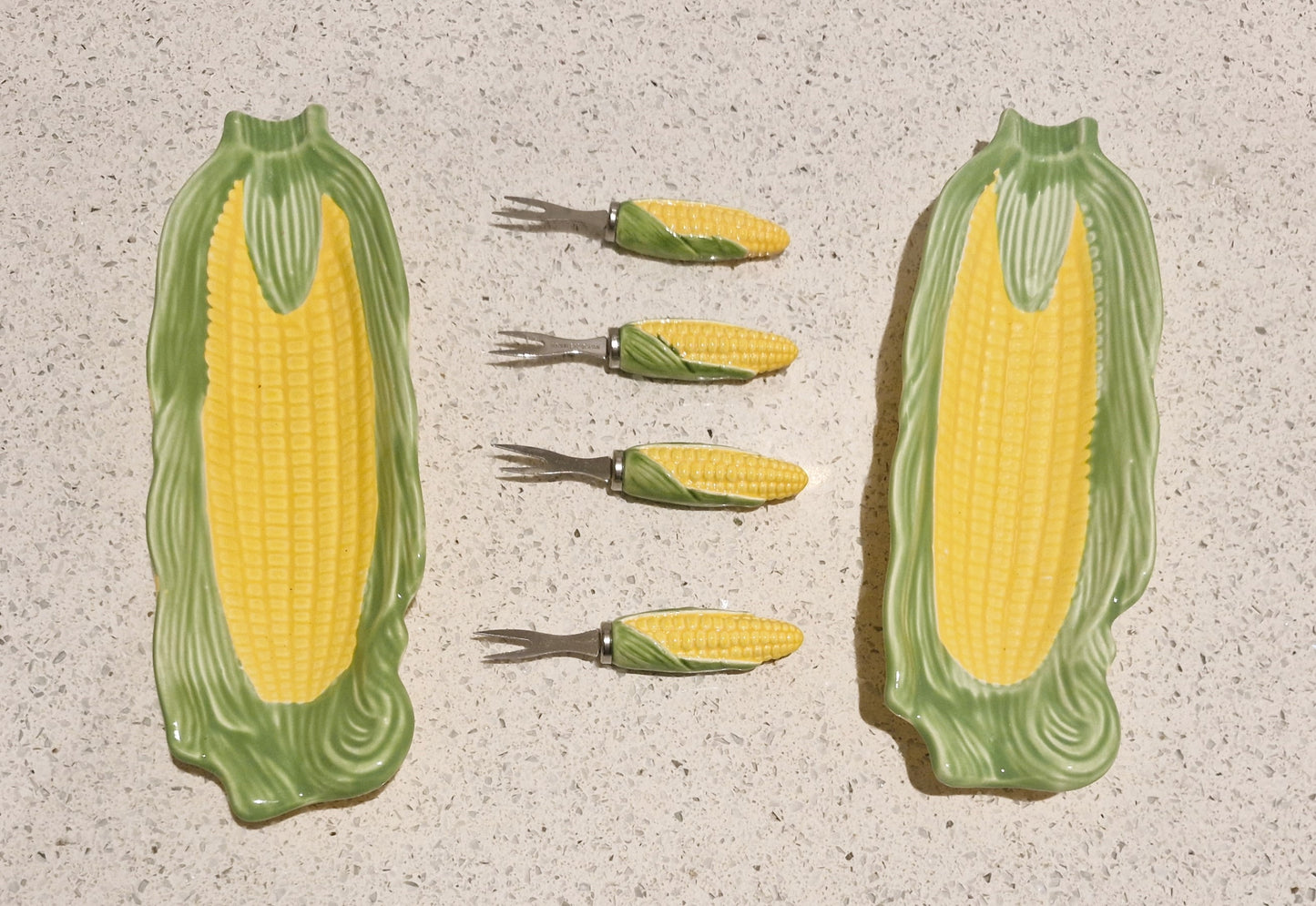 Corn on the Cob dishes, Majolica, Japanese, Sweetcorn dishes, Ceramic, Yellow and Green, Quirky, Boxed, Original, With Sweetcorn Forks