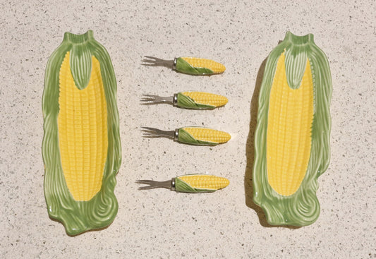 Corn on the Cob dishes, Majolica, Japanese, Sweetcorn dishes, Ceramic, Yellow and Green, Quirky, Boxed, Original, With Sweetcorn Forks