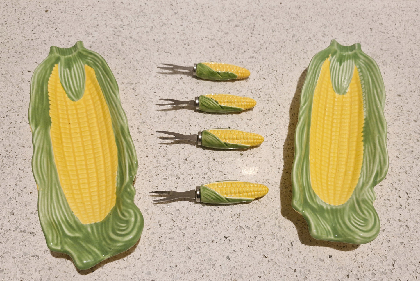 Corn on the Cob dishes, Majolica, Japanese, Sweetcorn dishes, Ceramic, Yellow and Green, Quirky, Boxed, Original, With Sweetcorn Forks
