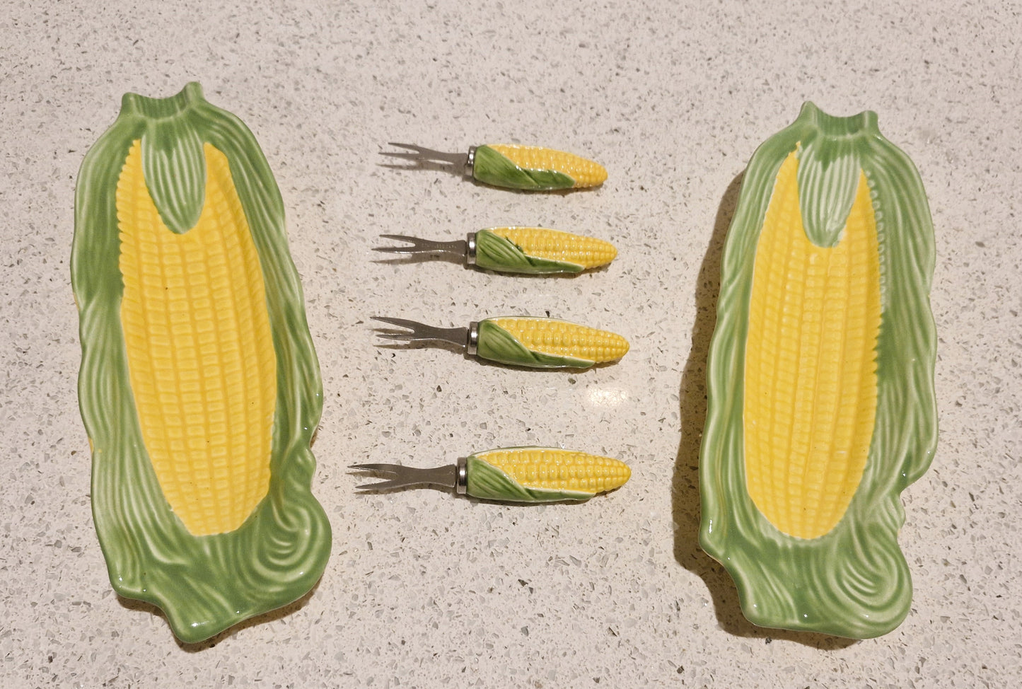 Corn on the Cob dishes, Majolica, Japanese, Sweetcorn dishes, Ceramic, Yellow and Green, Quirky, Boxed, Original, With Sweetcorn Forks