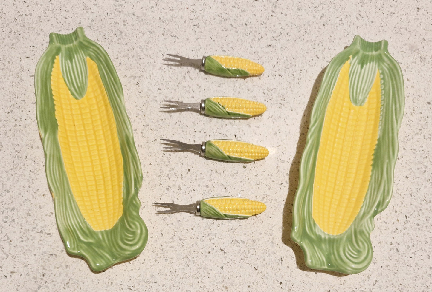 Corn on the Cob dishes, Majolica, Japanese, Sweetcorn dishes, Ceramic, Yellow and Green, Quirky, Boxed, Original, With Sweetcorn Forks
