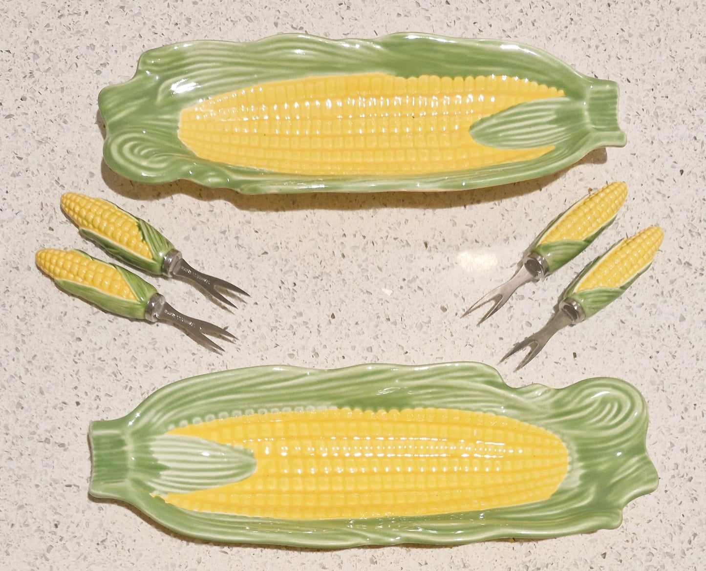 Corn on the Cob dishes, Majolica, Japanese, Sweetcorn dishes, Ceramic, Yellow and Green, Quirky, Boxed, Original, With Sweetcorn Forks