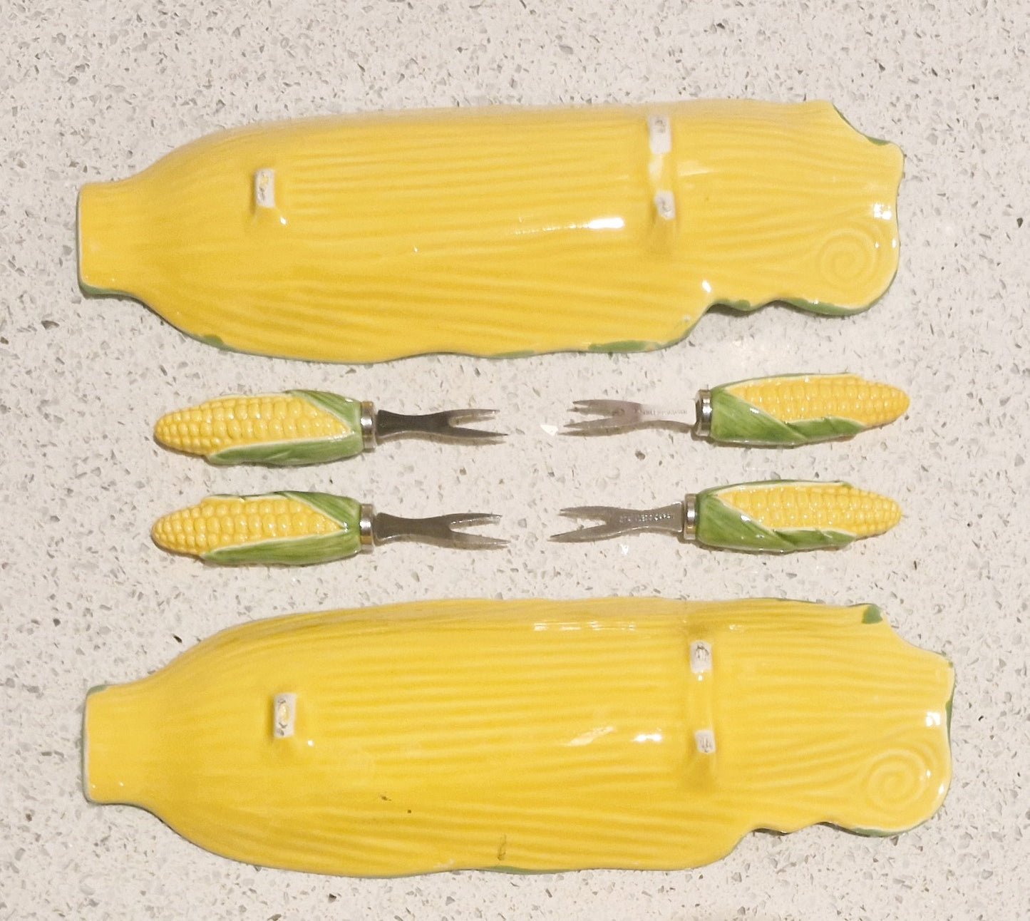 Corn on the Cob dishes, Majolica, Japanese, Sweetcorn dishes, Ceramic, Yellow and Green, Quirky, Boxed, Original, With Sweetcorn Forks