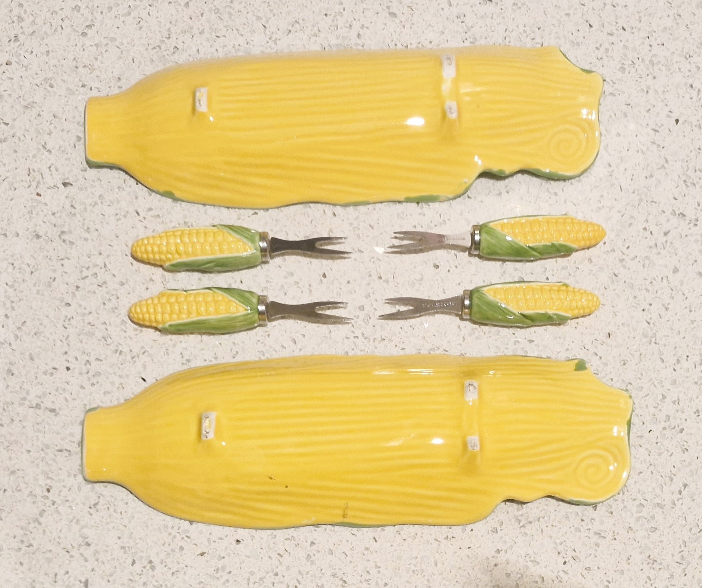 Corn on the Cob dishes, Majolica, Japanese, Sweetcorn dishes, Ceramic, Yellow and Green, Quirky, Boxed, Original, With Sweetcorn Forks