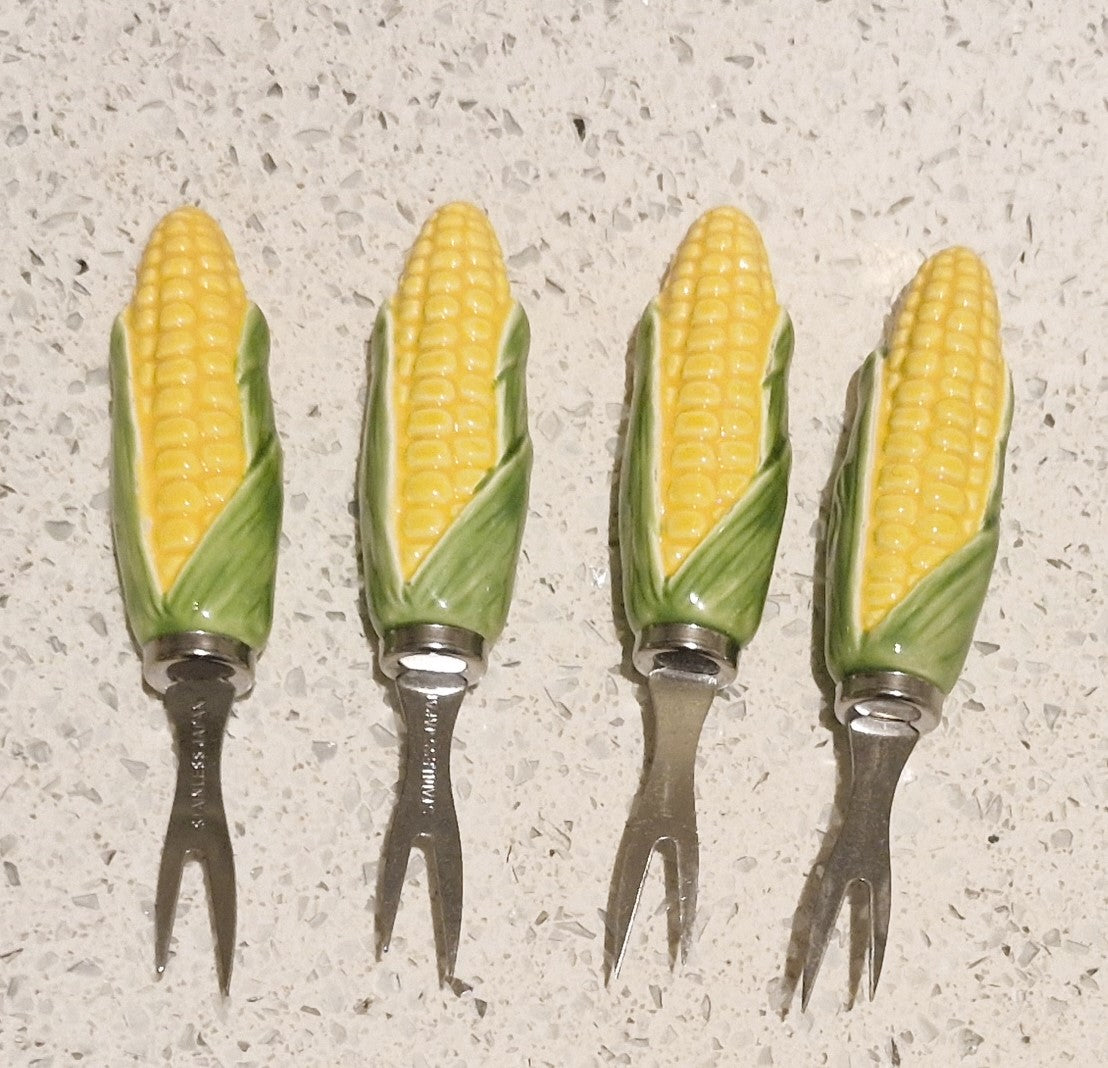 Corn on the Cob dishes, Majolica, Japanese, Sweetcorn dishes, Ceramic, Yellow and Green, Quirky, Boxed, Original, With Sweetcorn Forks