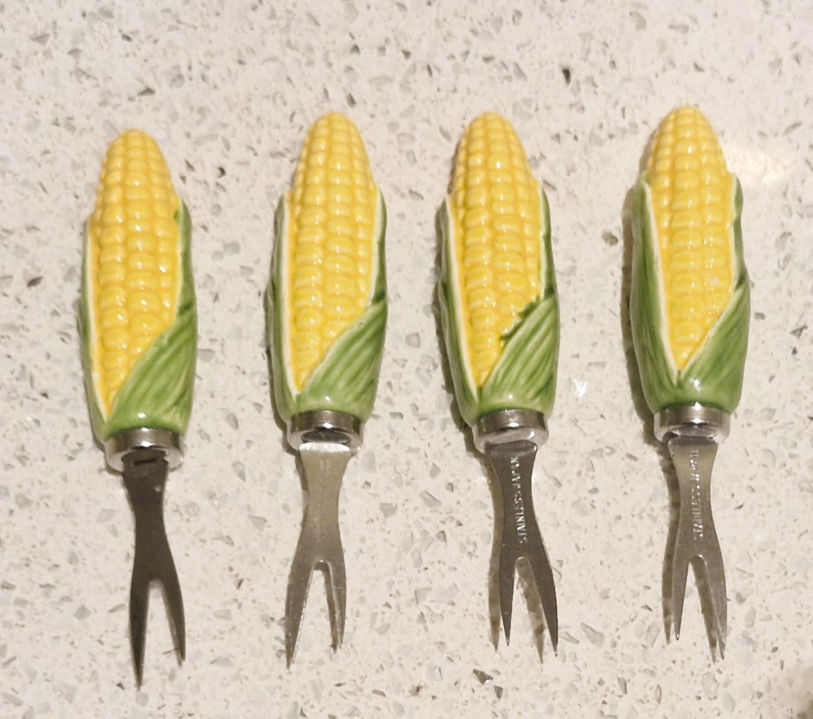 Corn on the Cob dishes, Majolica, Japanese, Sweetcorn dishes, Ceramic, Yellow and Green, Quirky, Boxed, Original, With Sweetcorn Forks