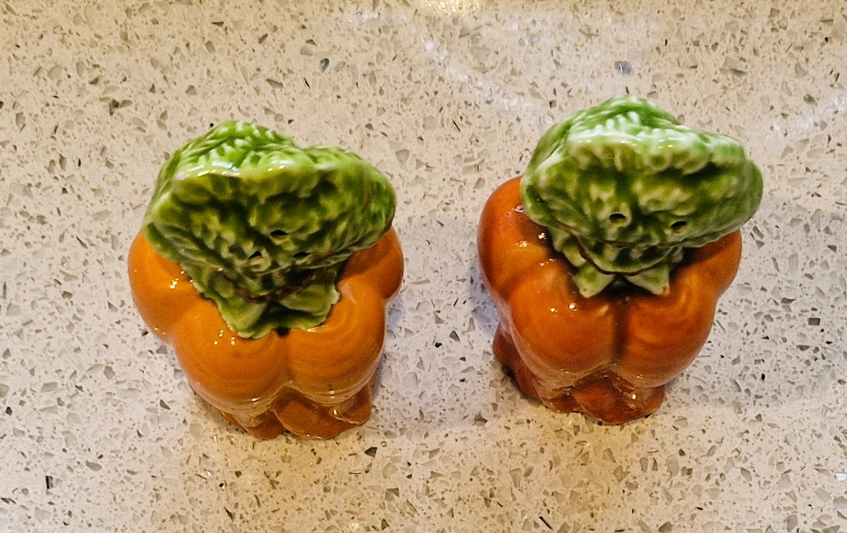 Vintage Carrot shaped Ceramic Salt and Pepper Shakers: Quirky Kitsch Cruet Set
