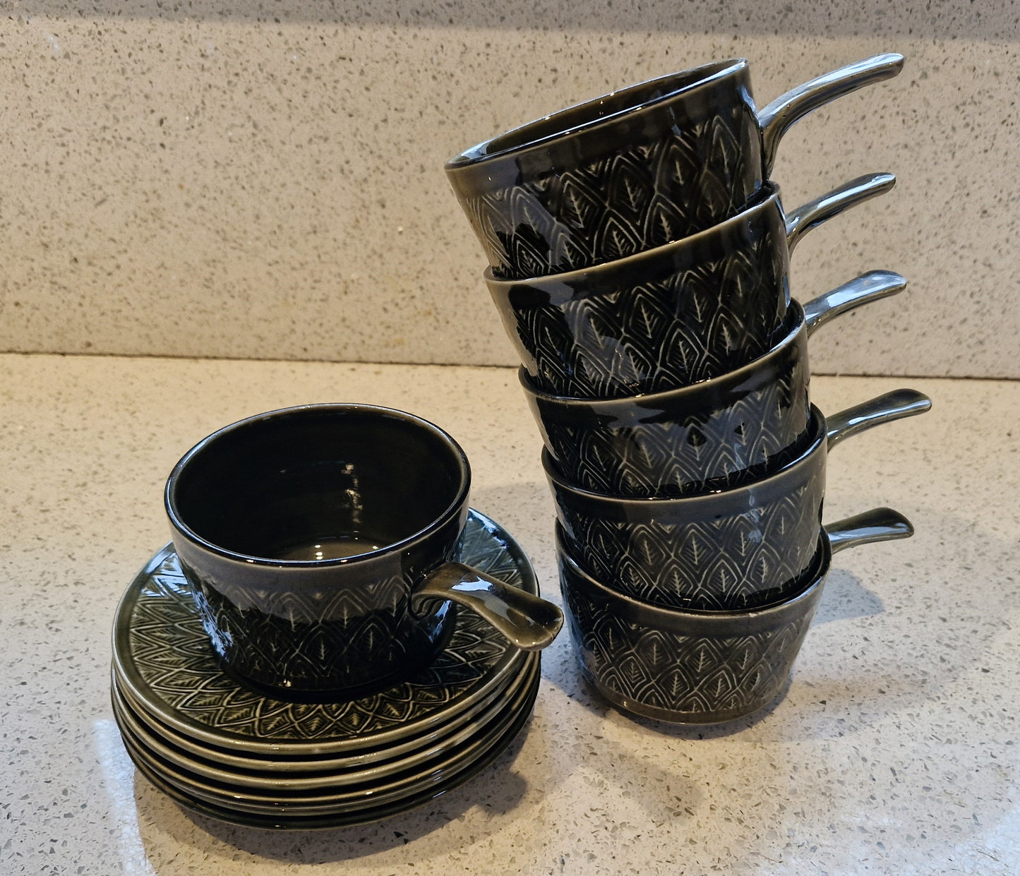 Mid Century Green Soup Bowls, Handles, Staffordshire Tableware, Olive Green Soup Bowl, Saucer, 1970s, Vintage, MCM, Set of 6