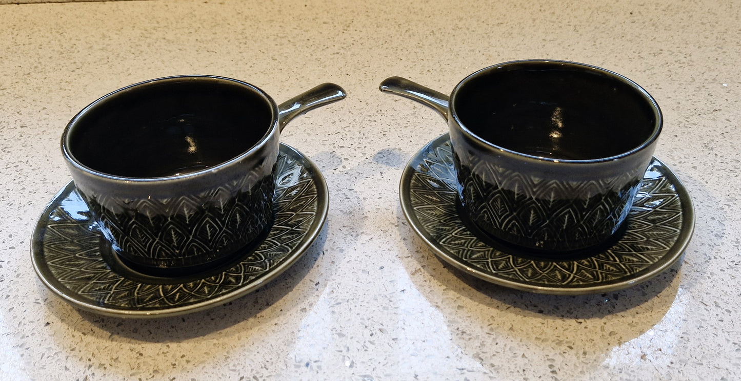 Mid Century Green Soup Bowls, Handles, Staffordshire Tableware, Olive Green Soup Bowl, Saucer, 1970s, Vintage, MCM, Set of 6