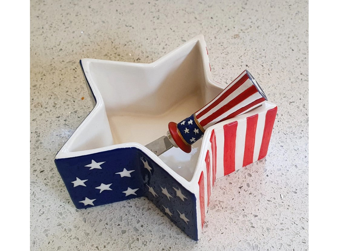 4th July, Bowl and Butter Spreader set, Boston Warehouse Set of Cheese Butter Spreader & Dish USA, US Flag,