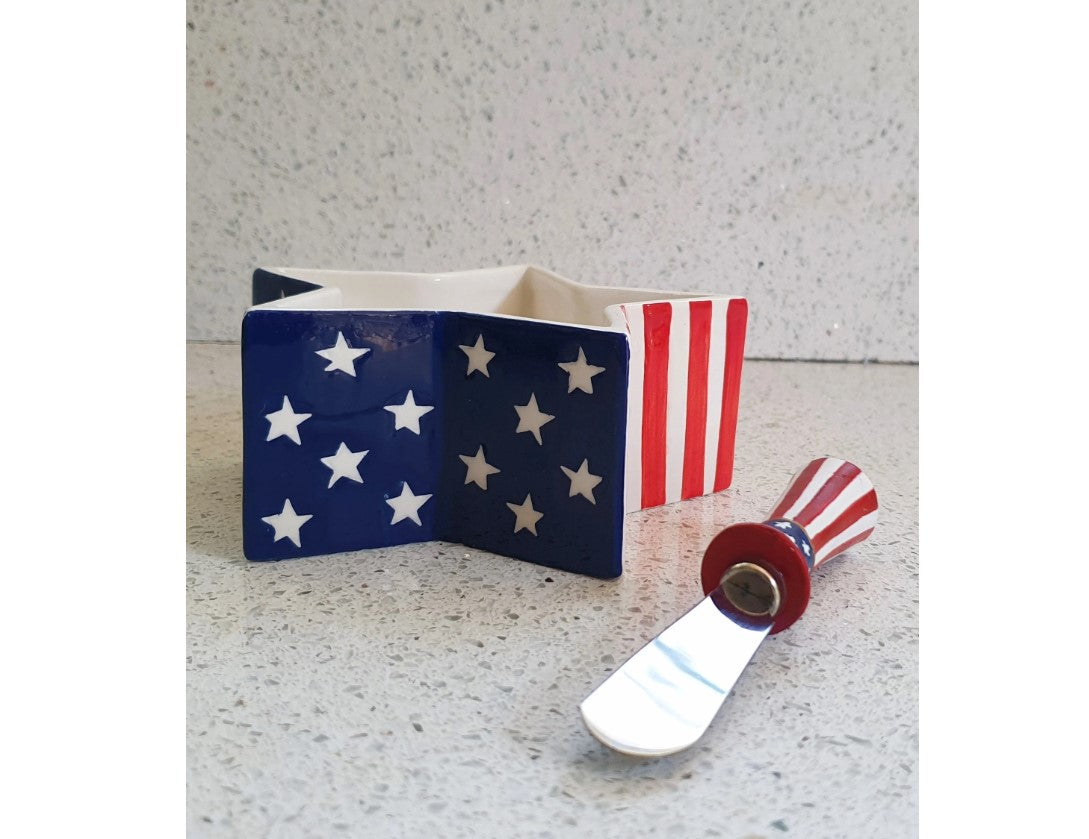 4th July, Bowl and Butter Spreader set, Boston Warehouse Set of Cheese Butter Spreader & Dish USA, US Flag,
