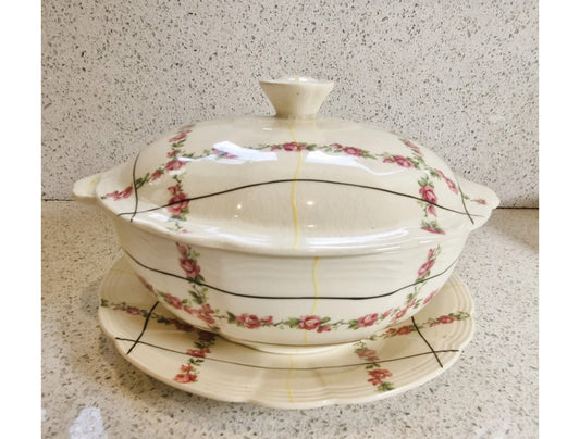 Alfred Meakin, Art Deco, Tureen, Serving dish, Lidded, 1930s, 40s, Flower, Line design, Cream, Black, yellow, Pink, Stamped, Excellent Condition,
