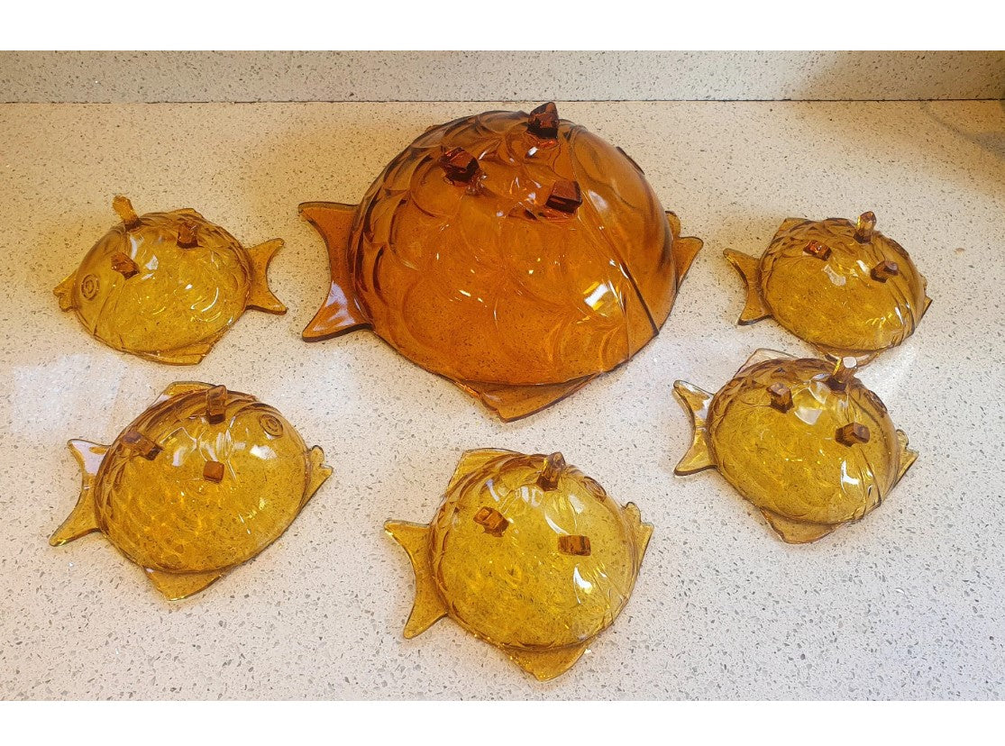 Mid century, Amber Glass, Fish Shaped Bowls, Dessert Set, Fish Shaped, Fruit Bowl, Glass Fish Bowls,