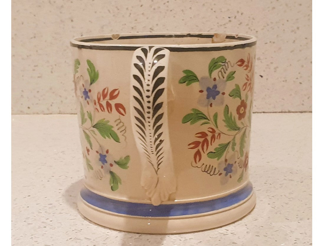 Antique Ceramic Mug, ornate handle, with flower painting, inscribed 1847, with initials, English, Early Victorian